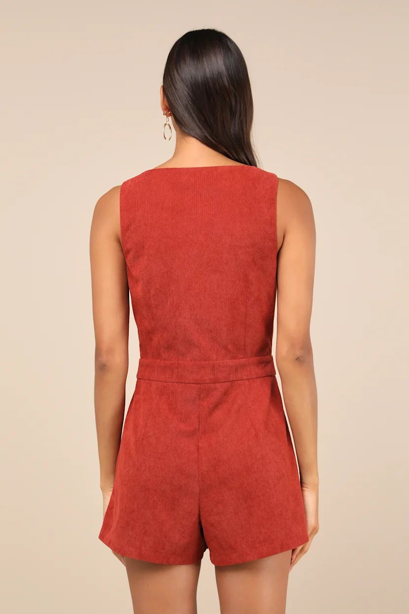 Beloved Crush Rust Red Corduroy Button-Front Sleeveless Romper | Lulus