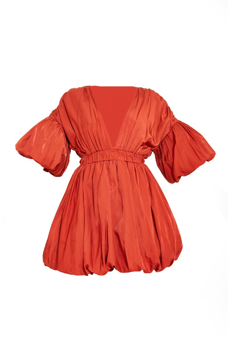 Terracotta Puff Sleeve Puffball Hem Shift Dress | Pretty Little Thing (Australia & New Zealand)