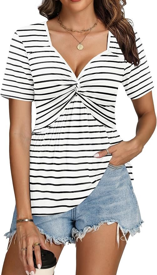ETCYY Womens Front Knotted V-Neck Blouse Summer Short Sleeve T Shirts Dressy Casual Sexy Tee Shir... | Amazon (US)