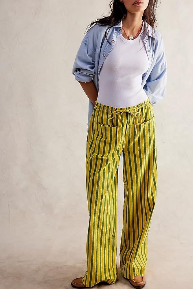 Women Striped Lounge Pants Wide Leg Drawstring Pajama Pants Comfy Casual Loose Fit Going Out Pant... | Amazon (US)