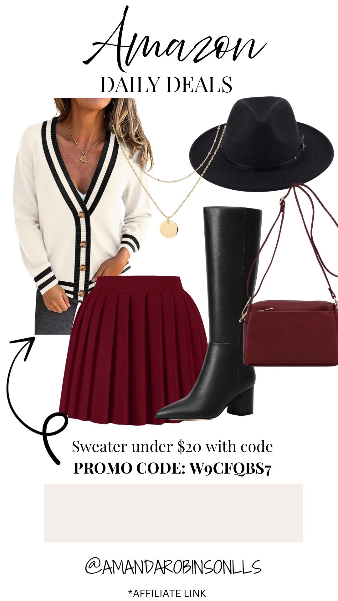 Amazon daily deals
Button down sweater fall women’s outfit with black boots and pleated burgundy skirtt

#LTKFindsUnder50 #LTKStyleTip #LTKSaleAlert