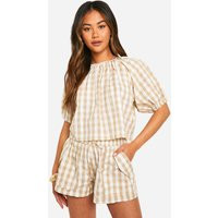 Womens Gingham Puff Sleeve Top & Short Co-Ord - Beige - 4 | boohoo (US & Canada)