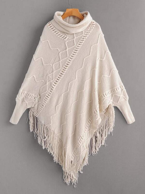 Turtleneck Fringe Hem Poncho Sweater | SHEIN