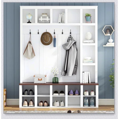 Farmhouse Wooden Style Hall Tree with 6 Hooks, Practical Walnut Storage Bench, 4-in-1 Entryway Shoe Cabinet, 13 Cubbies, 76.7\ | Wayfair North America