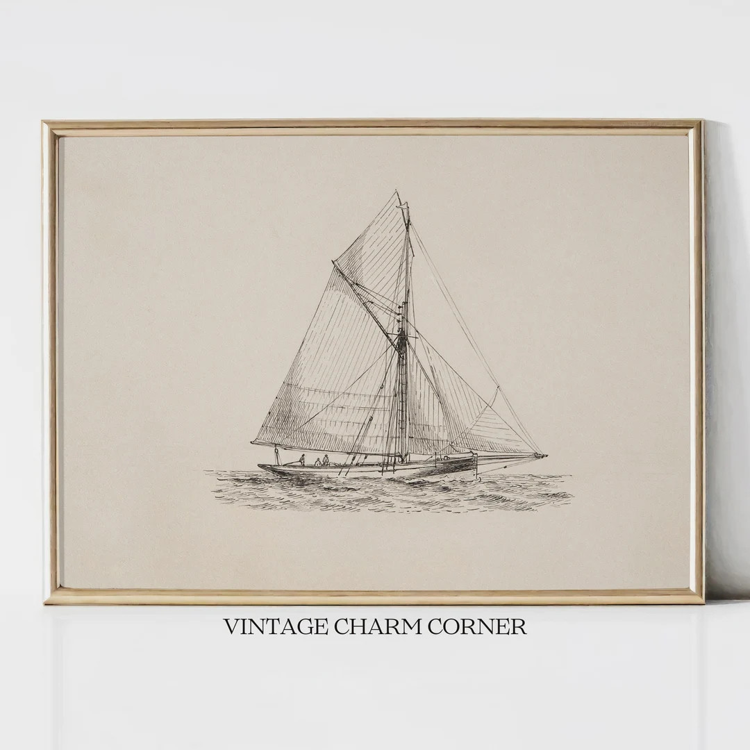 Vintage Sailboat Sketch Art, Minimalist Yacht Illustration, Nautical Print, Maritime Decor, Detai... | Etsy (US)