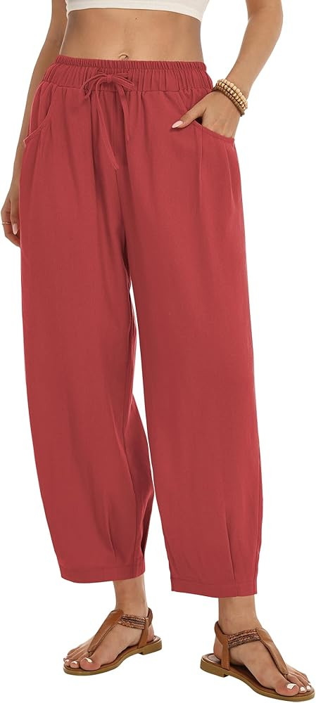 Womens Linen Wide Leg Pants Summer Casual Palazzo Pants Drawstring Ankle Length Beach Harem Trous... | Amazon (US)