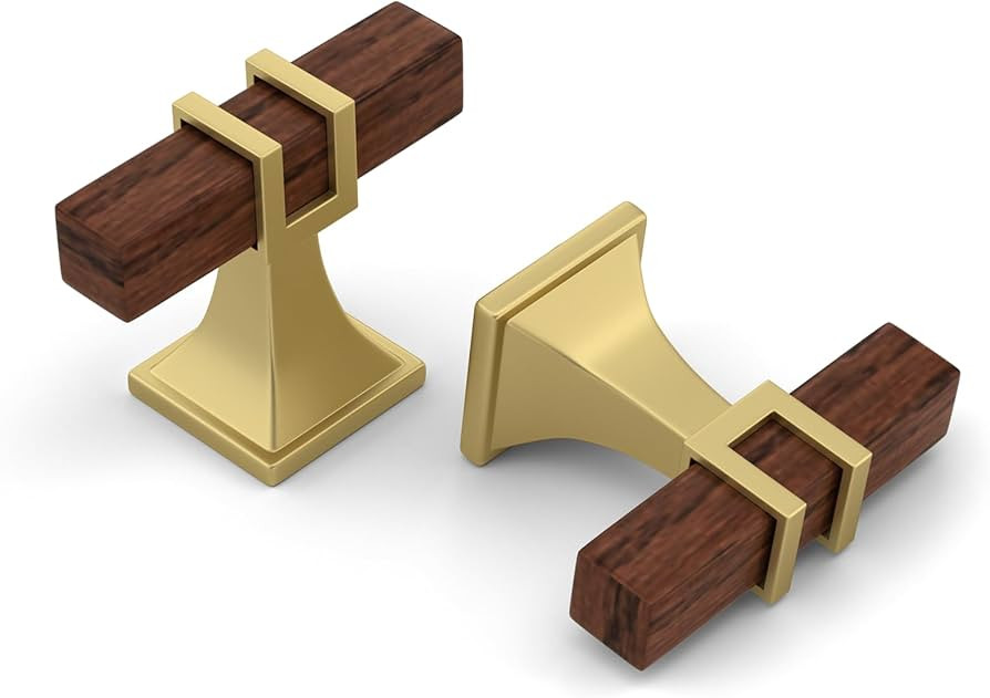 Haliwu 10 Pack Wood Grain and Gold Cabinet Knobs, 2 Tone T-bar Square Drawer Knobs, Brushed Brass... | Amazon (US)