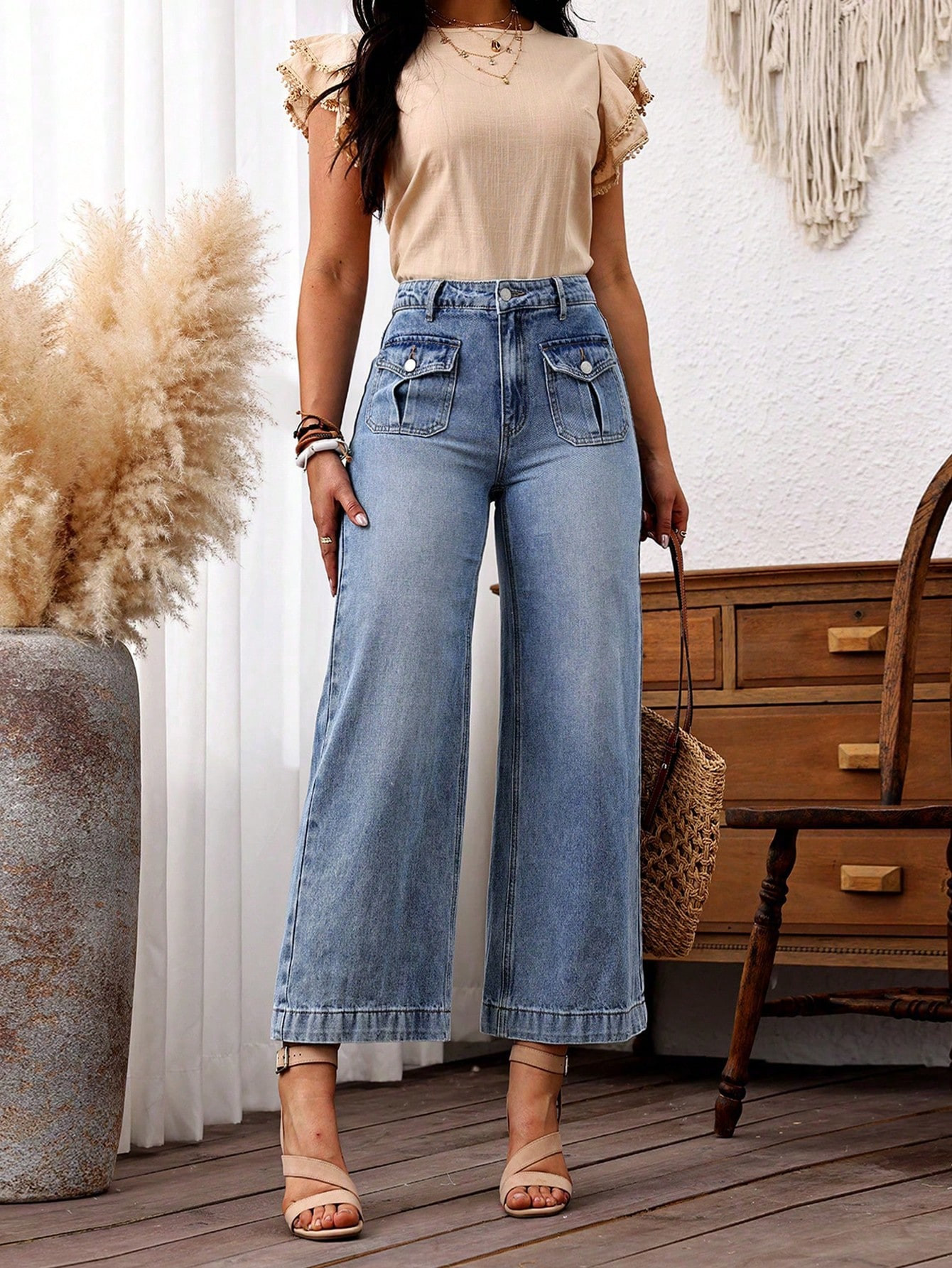 SHEIN LUNE Women's Flap Pocket 9/10 Non-Stretch Flared Jeans | SHEIN