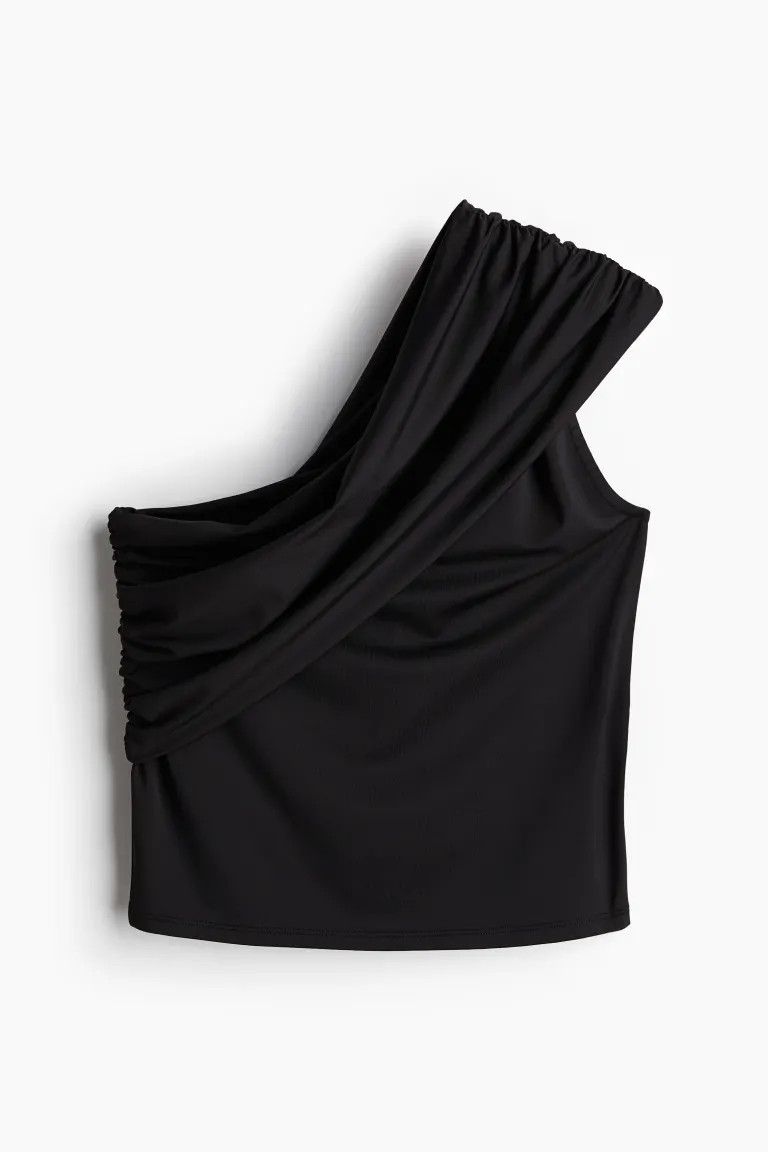 One-Shoulder-Top mit Umschlagrand - Ärmellos - Kurz - Black - Ladies | H&M DE | H&M (DE, AT, CH, NL, FI)