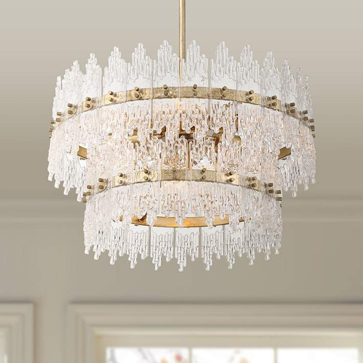 Possini Euro Elsa 23 1/2" Brass with Textured Glass 7-Light Pendant - #0228C | Lamps Plus | Lamps Plus