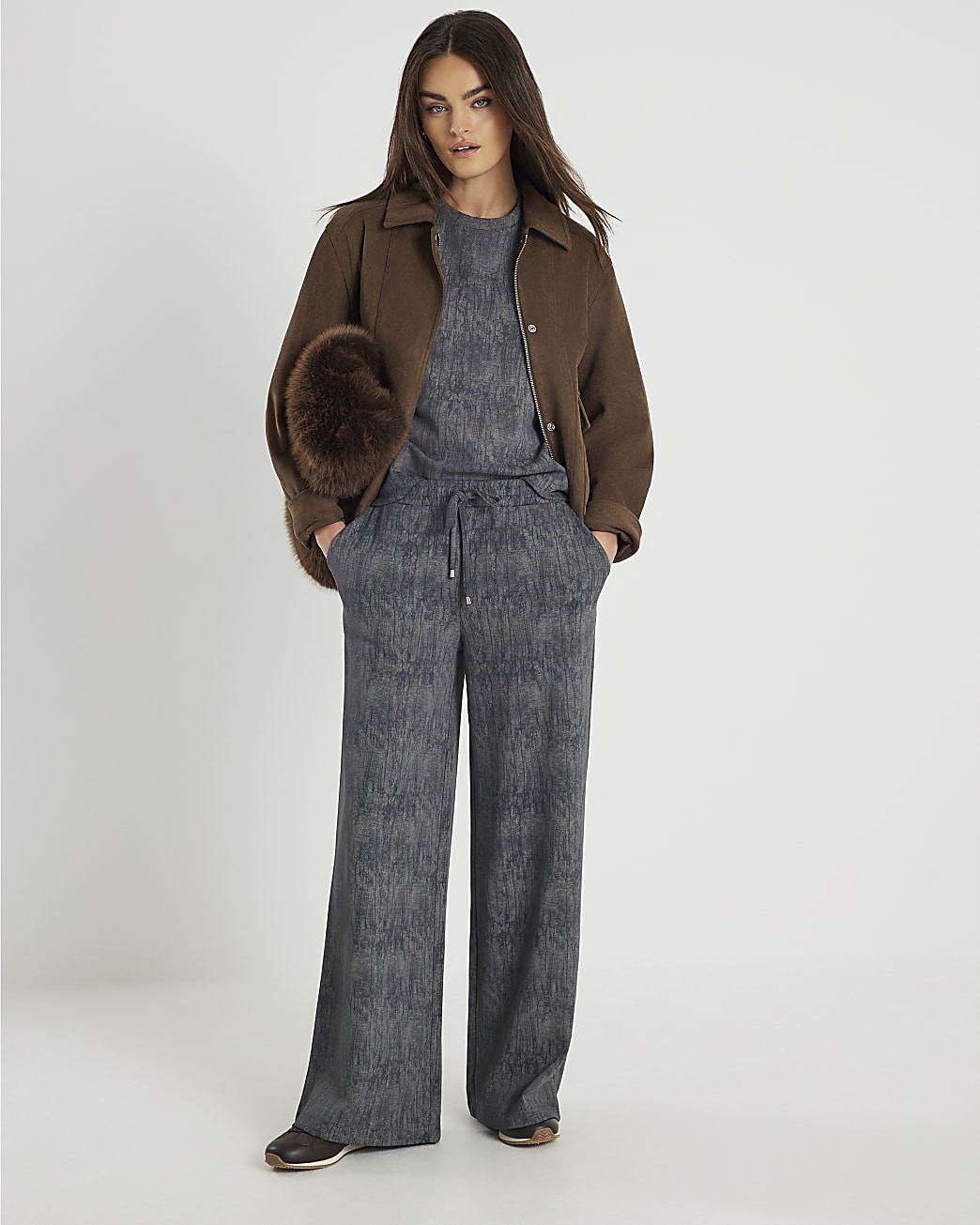 Grey Premium Crinkle Effect Wide Leg Joggers | River Island UK & IE