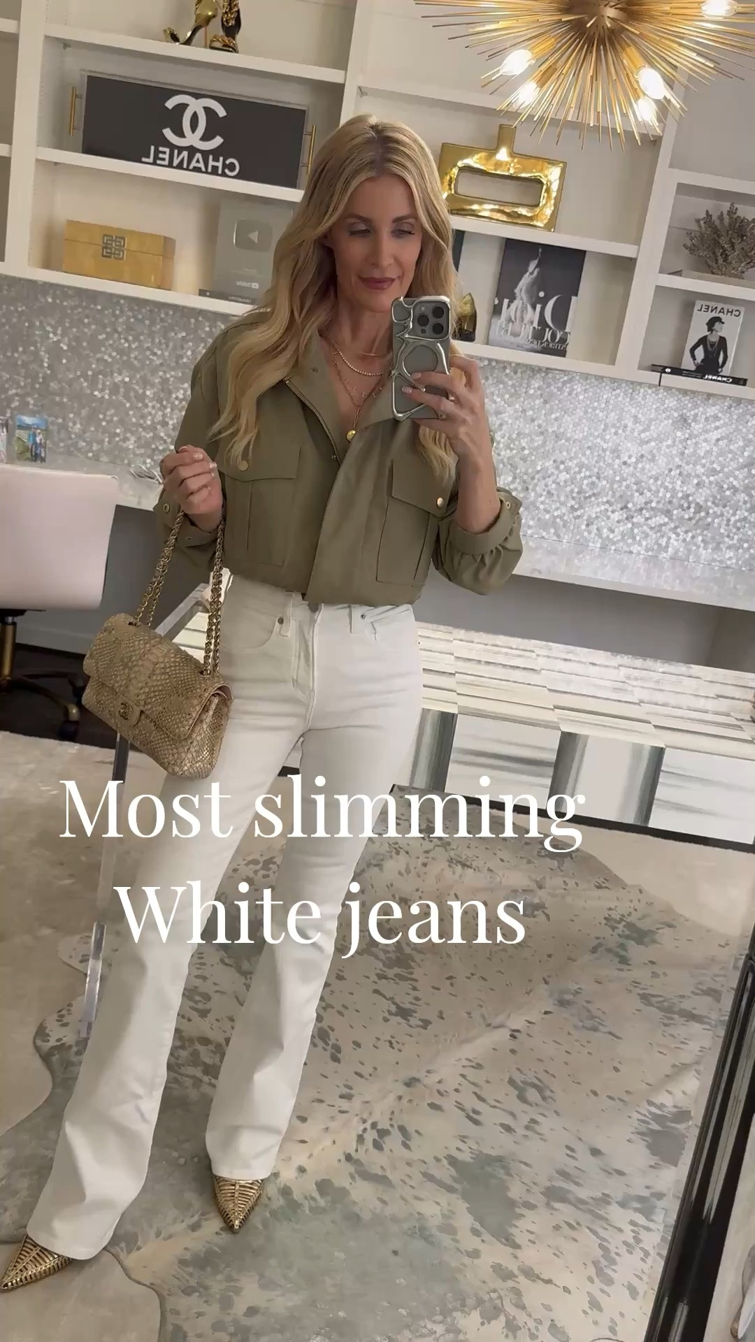 FOUND >>> White skinny flare jeans that make your legs look crazy long 🤍 these high-waisted Veronica Beard Beverly jeans are thick, slimming, and so flattering for a polished spring outfit with a chic bomber jacket. I’m wearing a size 24 and they fit TTS. 

 #LTKootd #LTKSeasonal #LTKOver40