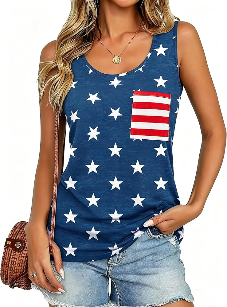 Womens American Flag Tank Tops 4th of July Loose Sleeveless Stars Stripes Patriotic T Shirt | Amazon (US)