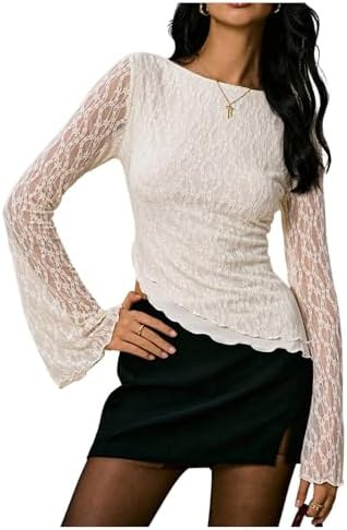 Verdusa Women's Y2k Lace Bell Long Sleeve Top Sheer Boat Neck Asymmetrical Fitted Going Out Tops | Amazon (US)