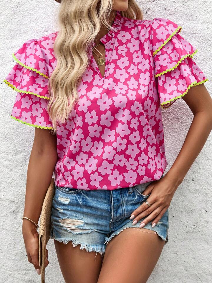 SHEIN LUNE Ladies' Umbrella Print Umbrella Sleeve Lace Spliced Blouse (Random Print) | SHEIN