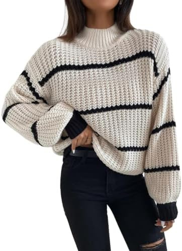 SKAYS Women High-Neck Cropped Sweater Striped Stand-Up Collar Dropped Shoulder Knitted Pullover | Amazon (US)