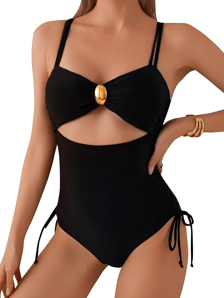 Women One Piece Swimsuit Sexy Swimsuit with Metal Buttons Tummy Control High Waisted Bathing Suit... | Amazon (US)