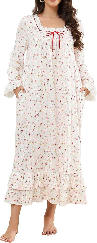 Women's Victorian Nightgown Soft Cotton Sleepwear Long Sleeve Princess Nightdress with Pockets | Amazon (US)