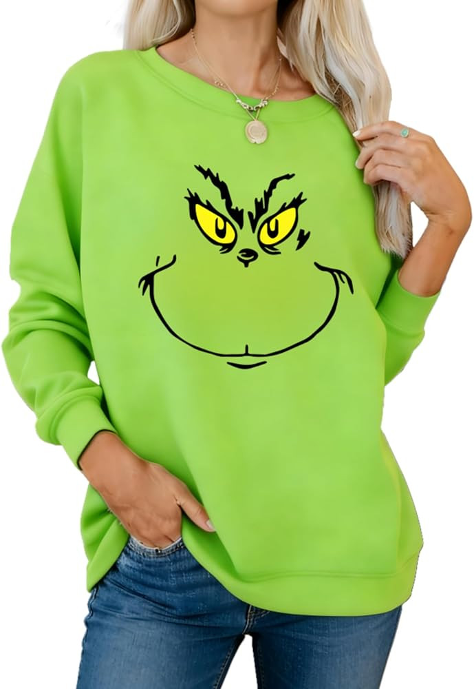 Women's Christmas Sweatshirts Funny Christmas Sweatshirts Green Printed Crew Neck Pullover Long S... | Amazon (US)