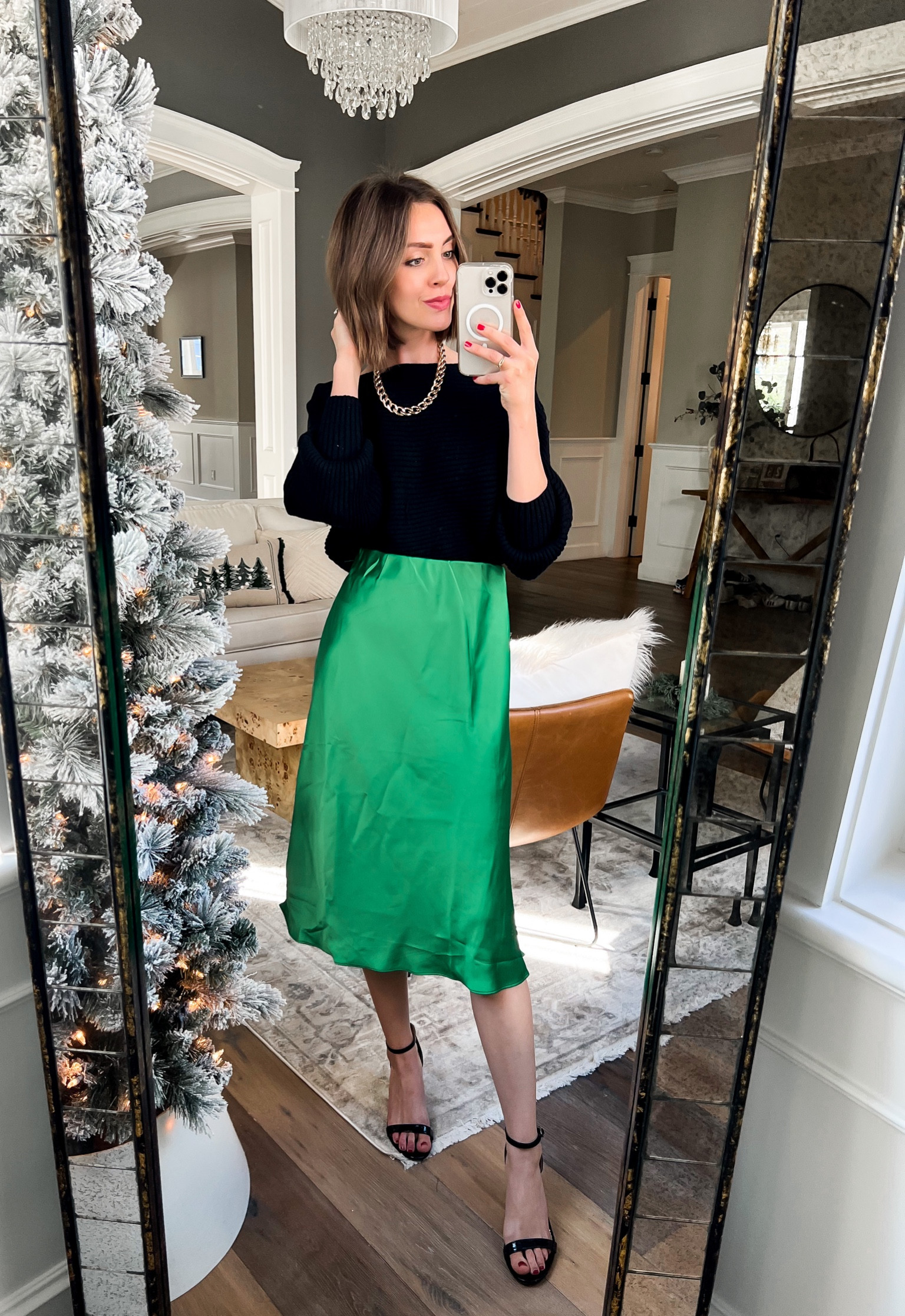 Holiday party outfit // green skirt // slip skirt // party style // party outfit // tts // dolman sleeve sweater 

#LTKHoliday #LTKSeasonal #LTKunder50
