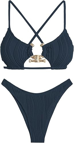 ZAFUL Women's Sexy Cutout Bikini Set High Cut Textured Metal Ring Cheeky Swimsuit Two Piece Bathi... | Amazon (US)