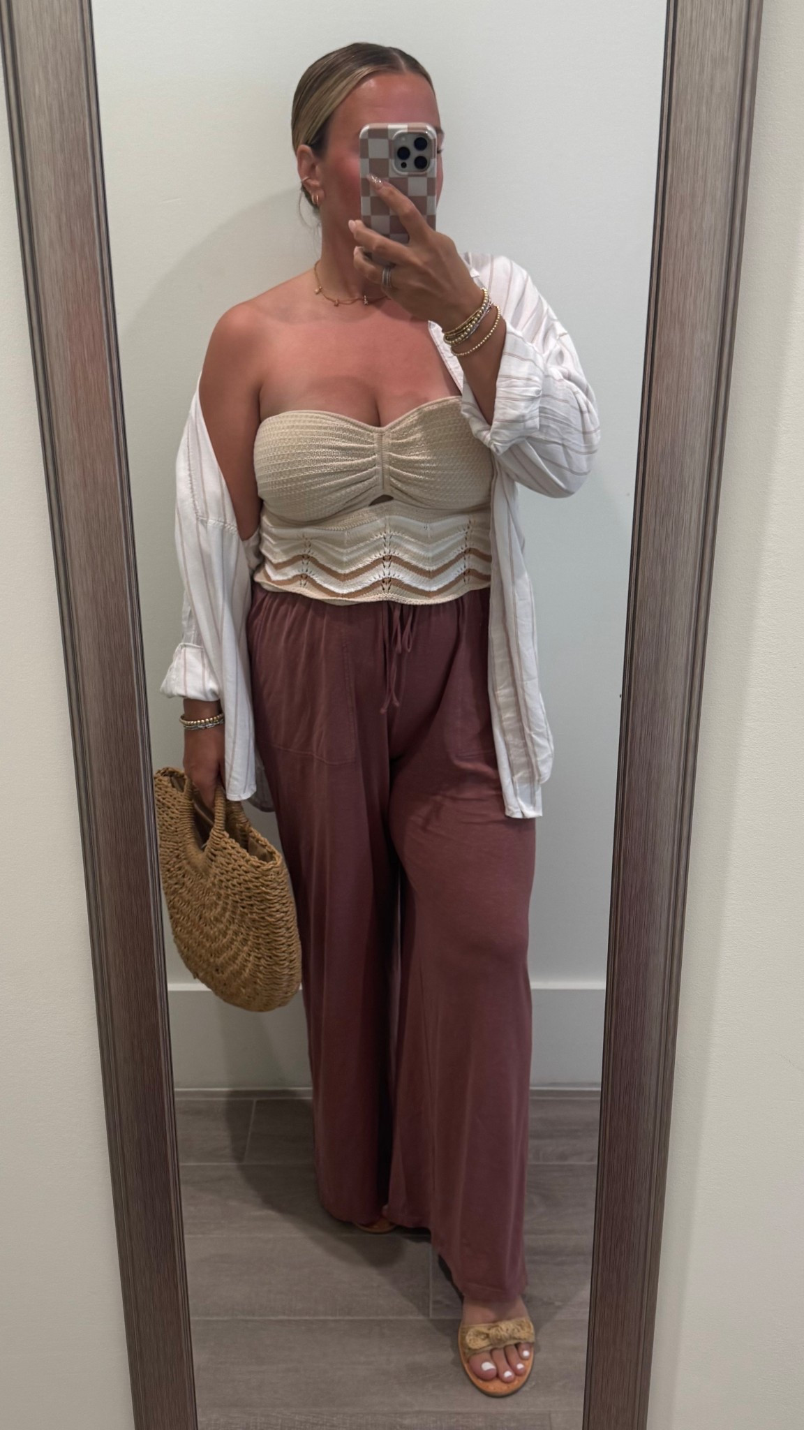 Wearing a large in the tube top, medium in the button-up, and medium in the pants. Everything fits true to size—I’m 5’2” and typically a size 10 for reference. Super comfy and easy to throw on, whether you’re headed to lunch or just want something light and cute for summer. The pants are especially soft and breezy, and I love how the whole outfit feels pulled together without trying too hard.

#LTKsummer #LTKstyle #OOTD #EverydayStyle #ComfyAndCute #WhatIWore #SummerOutfitInspo #CasualStyle #LTKcurves #EffortlessStyle #WeekendLook #5foot2style