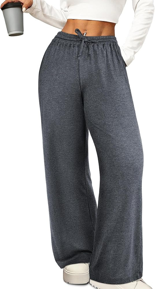 Womens Wide Leg Pants with Pockets Ribbed Knit Lounge Trousers Loose Comfy Casual Drawstring Pull... | Amazon (US)