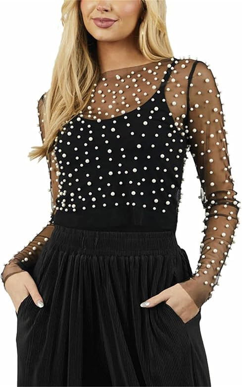 Women Sheer Mesh Pearl Top | Amazon (US)