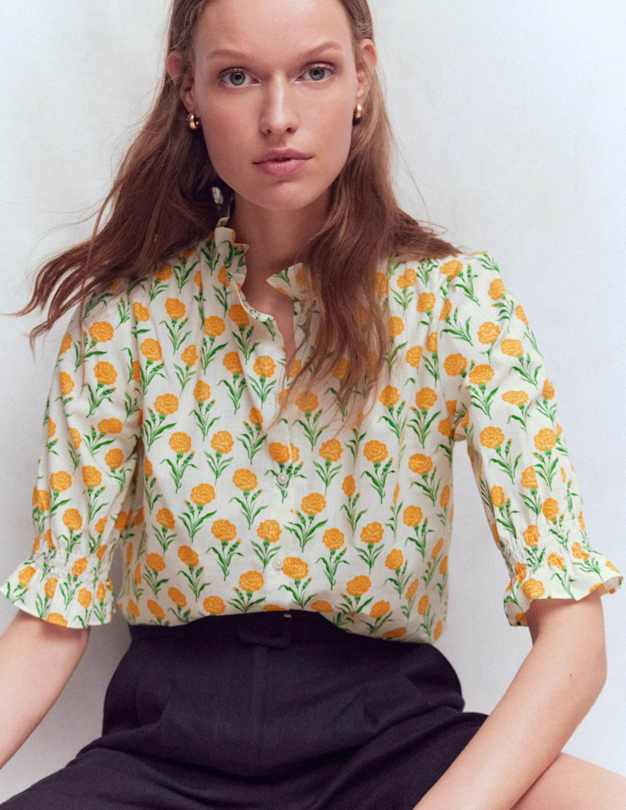 Heather Smocked Sleeve Top-Marigold, Carnation Stems | Boden (US)