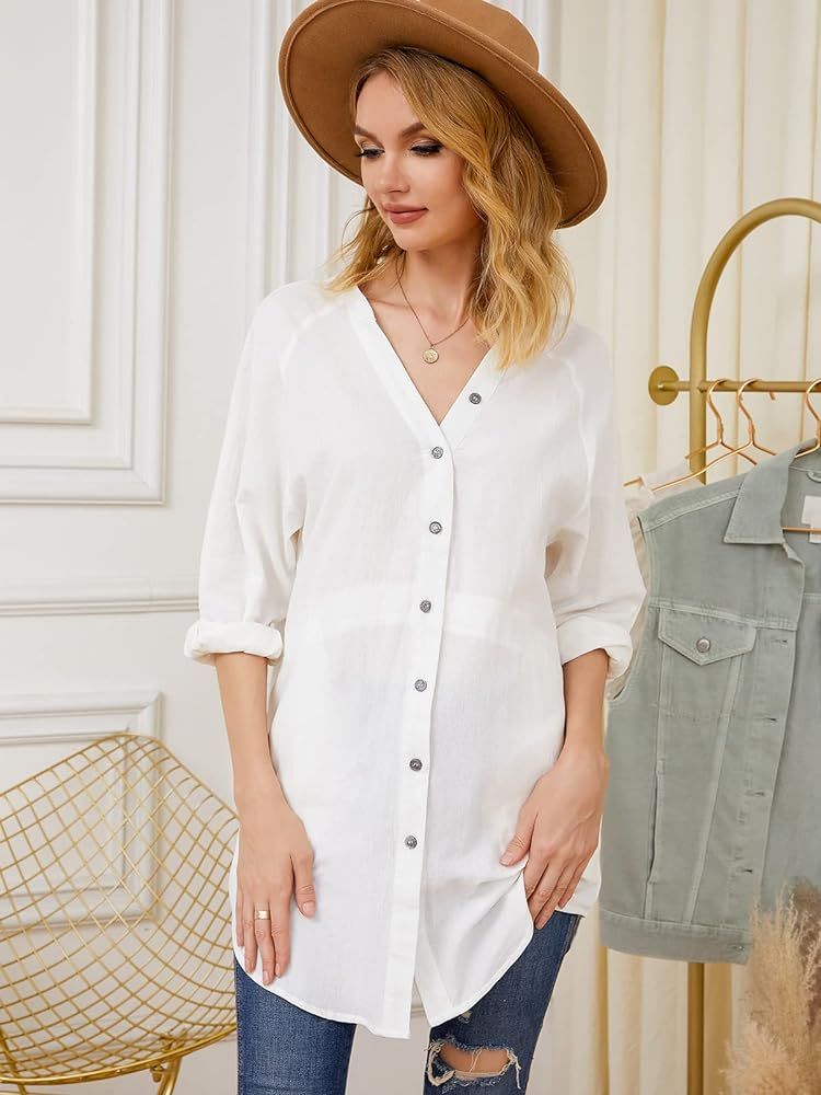 Auxo Women Long Sleeve V Neck Pocket Shirt Dress Tunic Top Casual Solid Charade Blouse | Amazon (US)