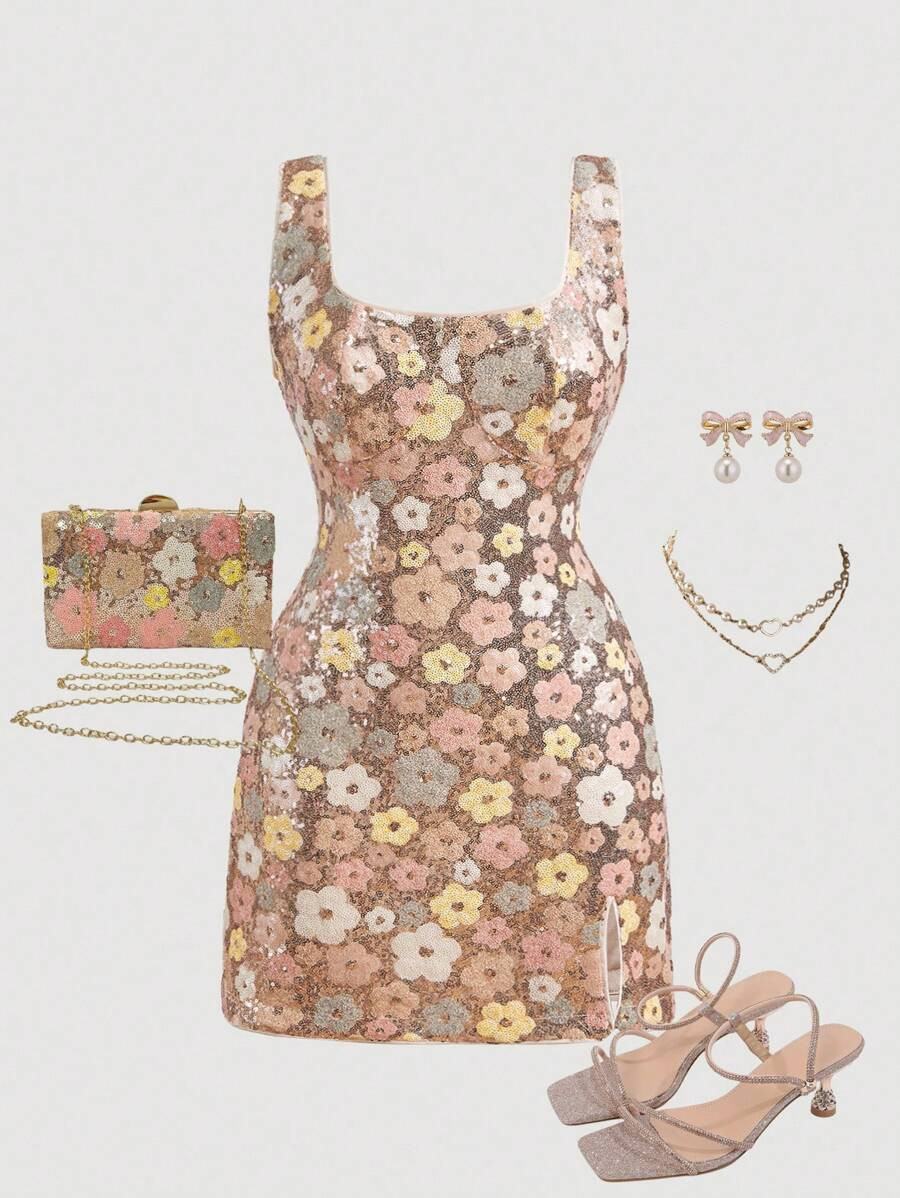 SHEIN MOD Plus Size Pink Sequins Embroidered Romantic Party Mini Dress For Women, ,Dresses For Wo... | SHEIN