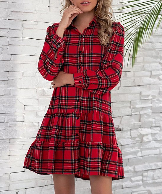 IZURIA Women's Casual Dresses Red - Red & Black Plaid Tiered Shirt Dress - Women & Plus | Zulily