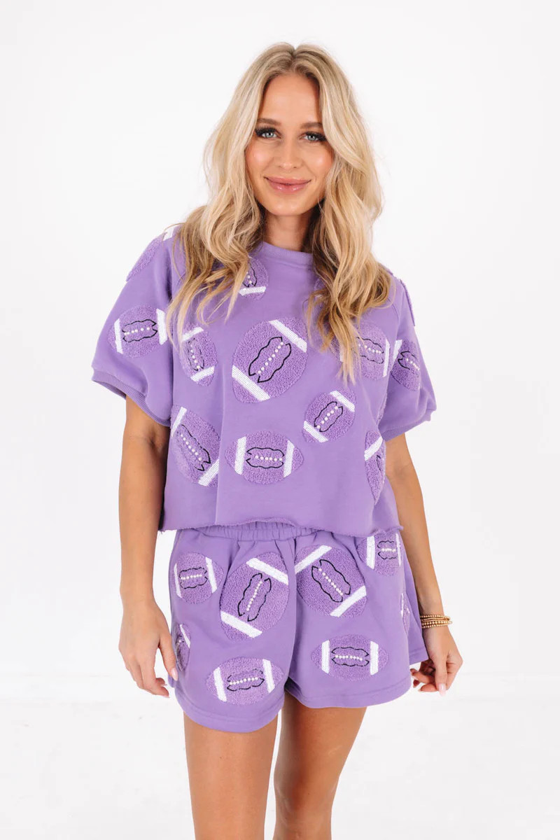 Queen of Sparkles Fuzzy Football Top - Purple | The Impeccable Pig