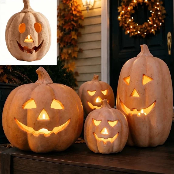 Fall Decor - Halloween Pumpkin Decorations Resin Pumpkin Jack O' Lantern with Flameless Candle - ... | Walmart (US)