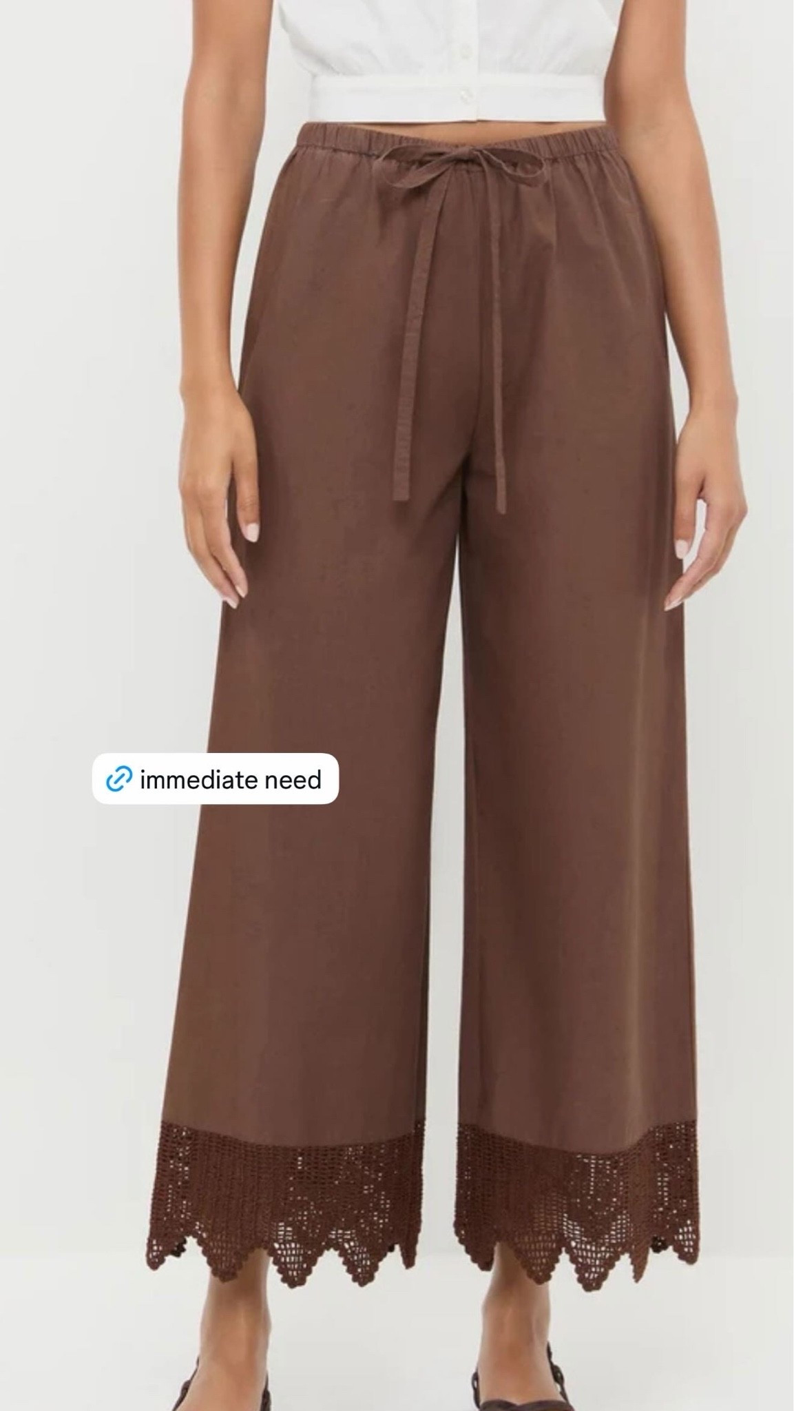 immediate need!! these chocolate wide leg pants are such a good transitional piece, and the crochet hem makes them feel way more special than a basic pull-on pant.

i’d wear them now with a simple tank or white tee + sandals, then into fall with a fitted knit, ballet flats, or a suede jacket. comfy, easy, and very cute for travel days, lunch, or casual dinners.

#LTKSeasonal