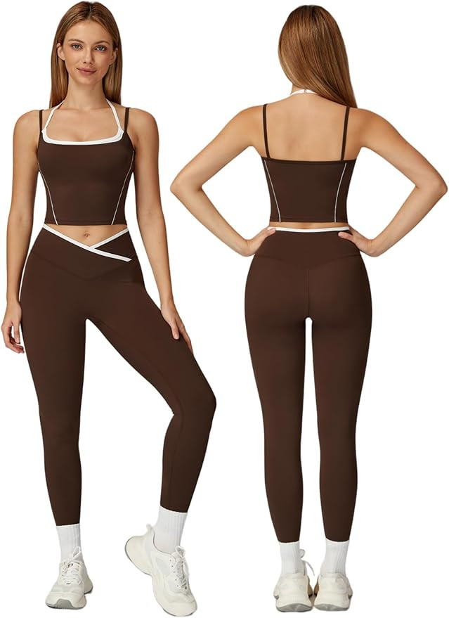 ABOCIW Workout Sets for Women 2 Piece Color Block Strappy Sports Bra High Waist Shorts Gym Yoga P... | Amazon (US)