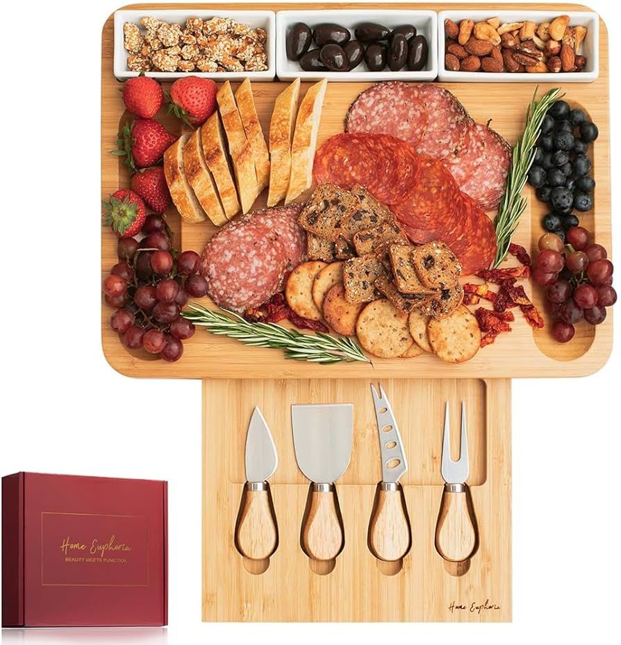 Large Bamboo Charcuterie Board and Knife Set - Cheese Board with Bowls, Beautiful Gift for Mom | Amazon (US)