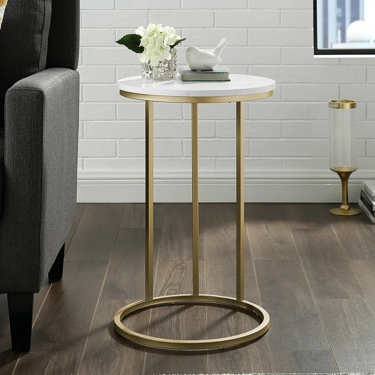 Ember Interiors Modern Glam Athena C-Shaped End Table, Faux Marble/Gold - Walmart.com | Walmart (US)