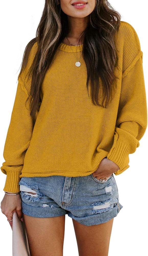 TARSE Womens Drop Shoulder Crewneck Sweater Long Loose Lantern Sleeve Pullover Tops | Amazon (US)