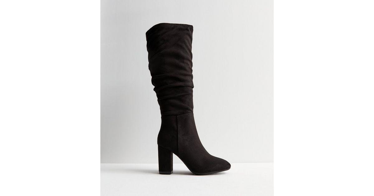 Black Suedette Slouchy Block Heel Knee High Boots | New Look | New Look (UK)