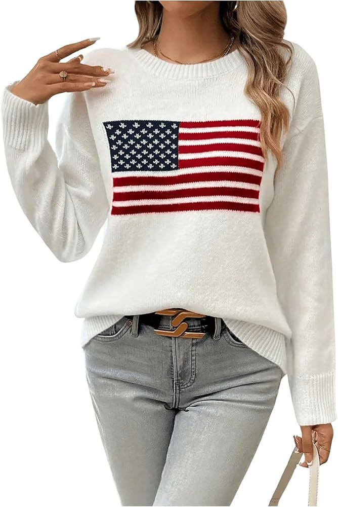 Floerns Women's American Flag Graphic Long Sleeve Sweater Crew Neck Knitted Pullover Tops | Amazon (US)
