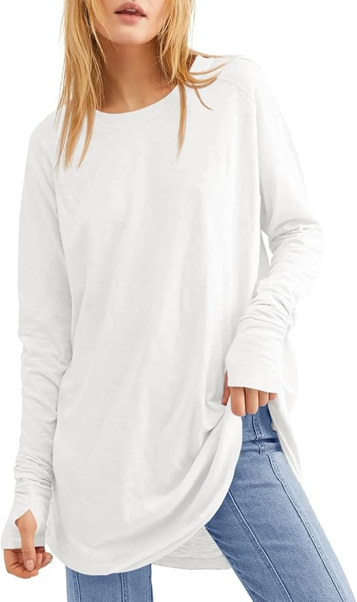 Fisoew Womens Long Sleeve Tops with Thumb Holes Loose Fits T-Shirts Tunic | Amazon (US)