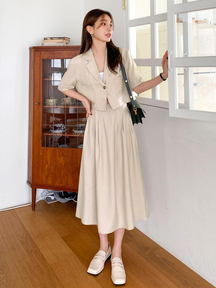 DAZY Blazer mit Zwei Taschen, einem Knopf & Falten Rock | SHEIN