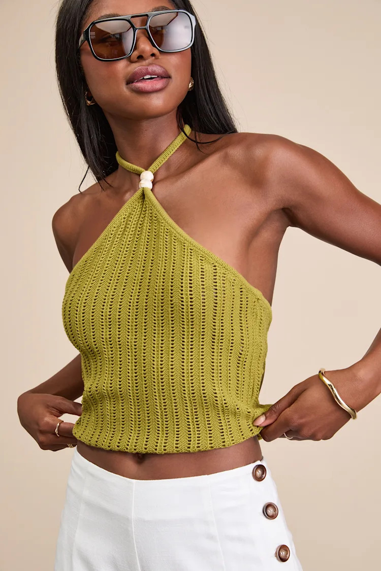 Serena Olive Green Sweater Knit Halter Top | Lulus