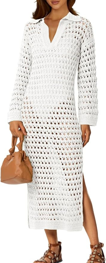 Saodimallsu Womens Crochet Swimsuit Cover Up V Neck Collared Long Sleeve Mesh Knit Long Beach Cov... | Amazon (US)