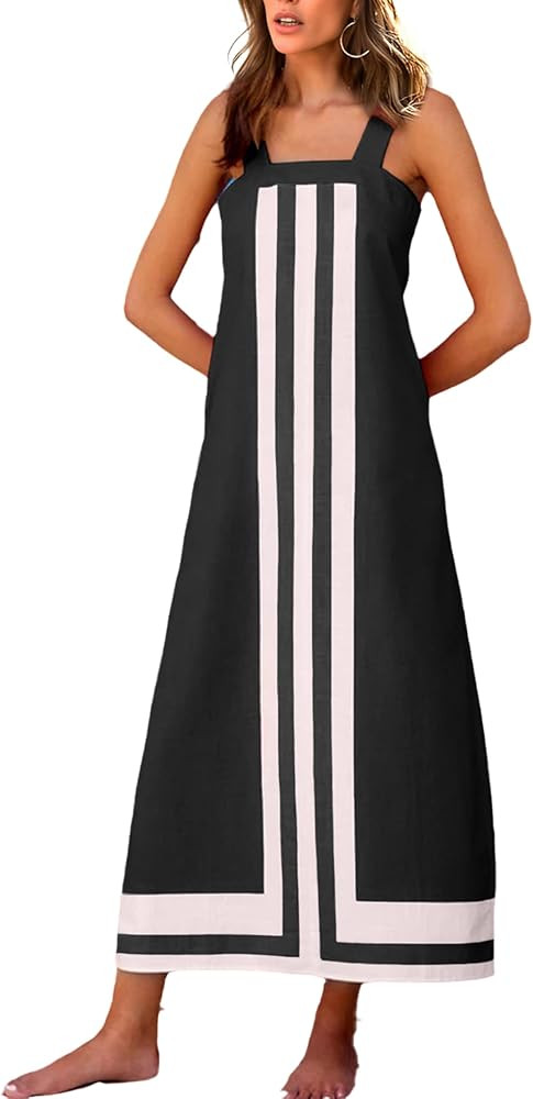 Fiona Jolin Womens Summer Maxi Dress Boho Striped Shoulder Strap Long Sundress Beach Cover Up Dre... | Amazon (US)