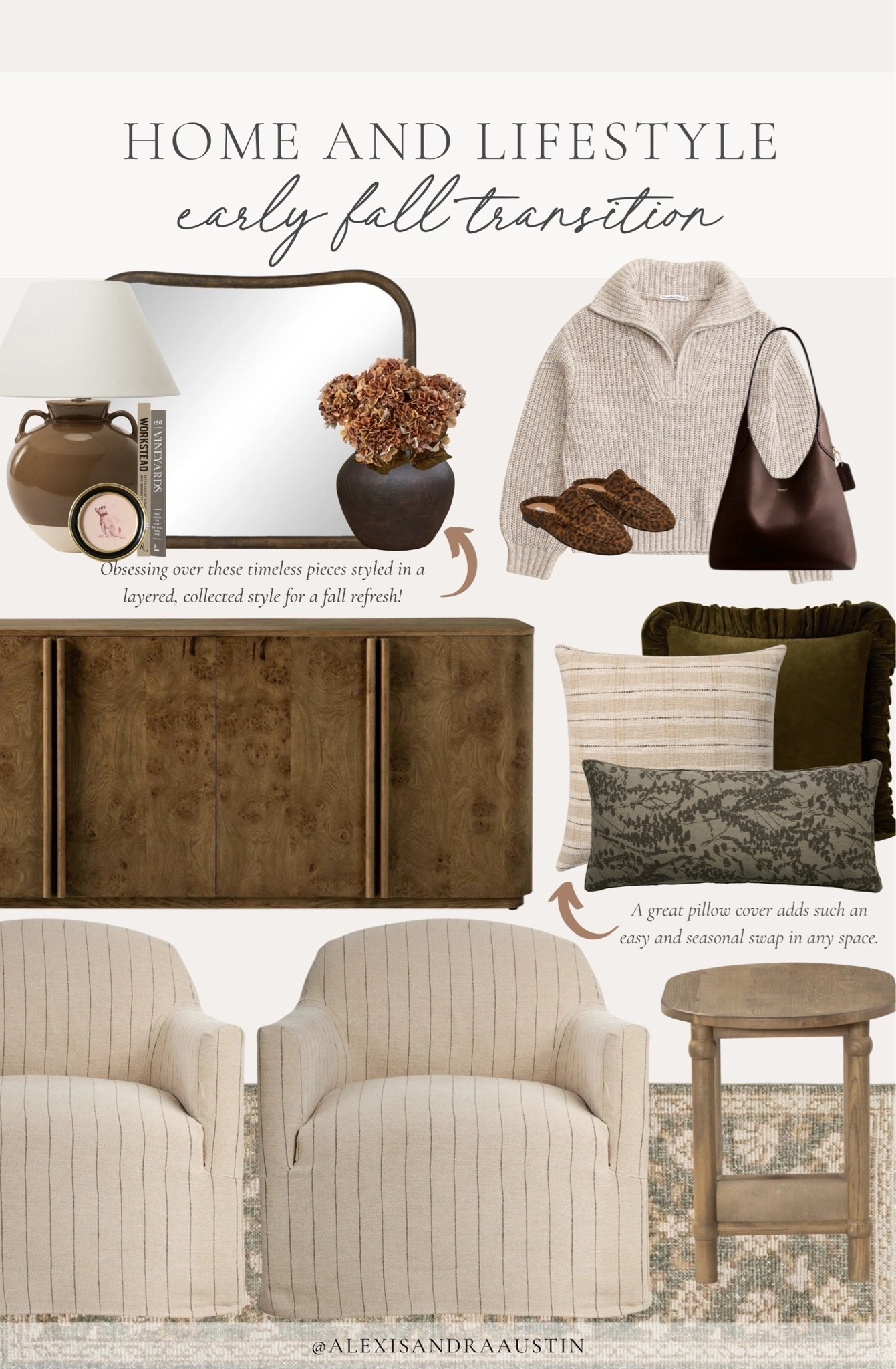 Neutral fall inspo for a cozy and trendy fall transition! Loving these classic furniture pieces combined with seasonal touches for a refreshed space.

Home inspo, neutral home inspo, collected style, fall refresh, neutral wood tones, furniture favorites, cozy fall outfit, sideboard details, upholstered accent chair, vintage style area rug, cozy throw pillow, moody table lamp, faux fall florals, mirror details, collected fall decor, Abercrombie and Fitch, Four Hands, Loloi, McGee and Co,

#LTKSeasonal #LTKHome