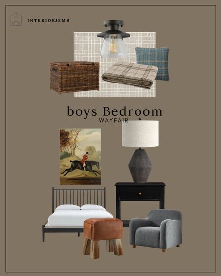 Boys bedroom from Wayfair, modern bedroom from Wayfair, black wood bed, affordable, nightstand, affordable lamp, large, framed art, gray, blue, accent chair, plaid area, rug, storage, chest, bedding, pillow, ottoman, leather

#LTKSaleAlert #LTKMidsize #LTKHome