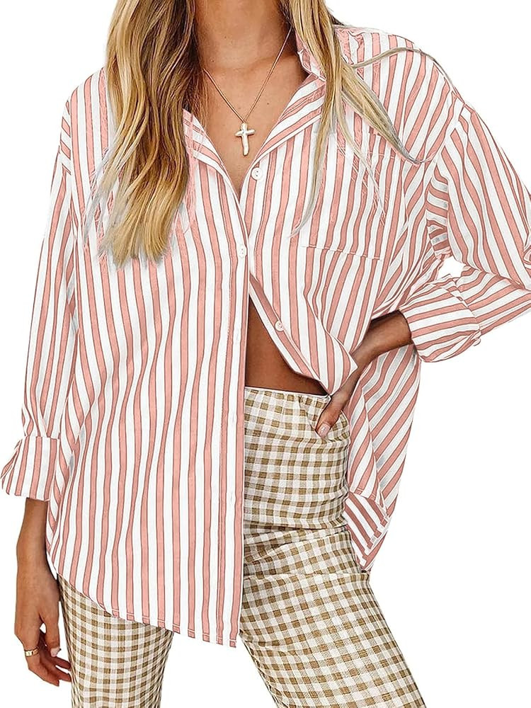 Women's Blouses Striped Long Sleeve Shirts Button Down Loose Fit Casual Tops | Amazon (US)