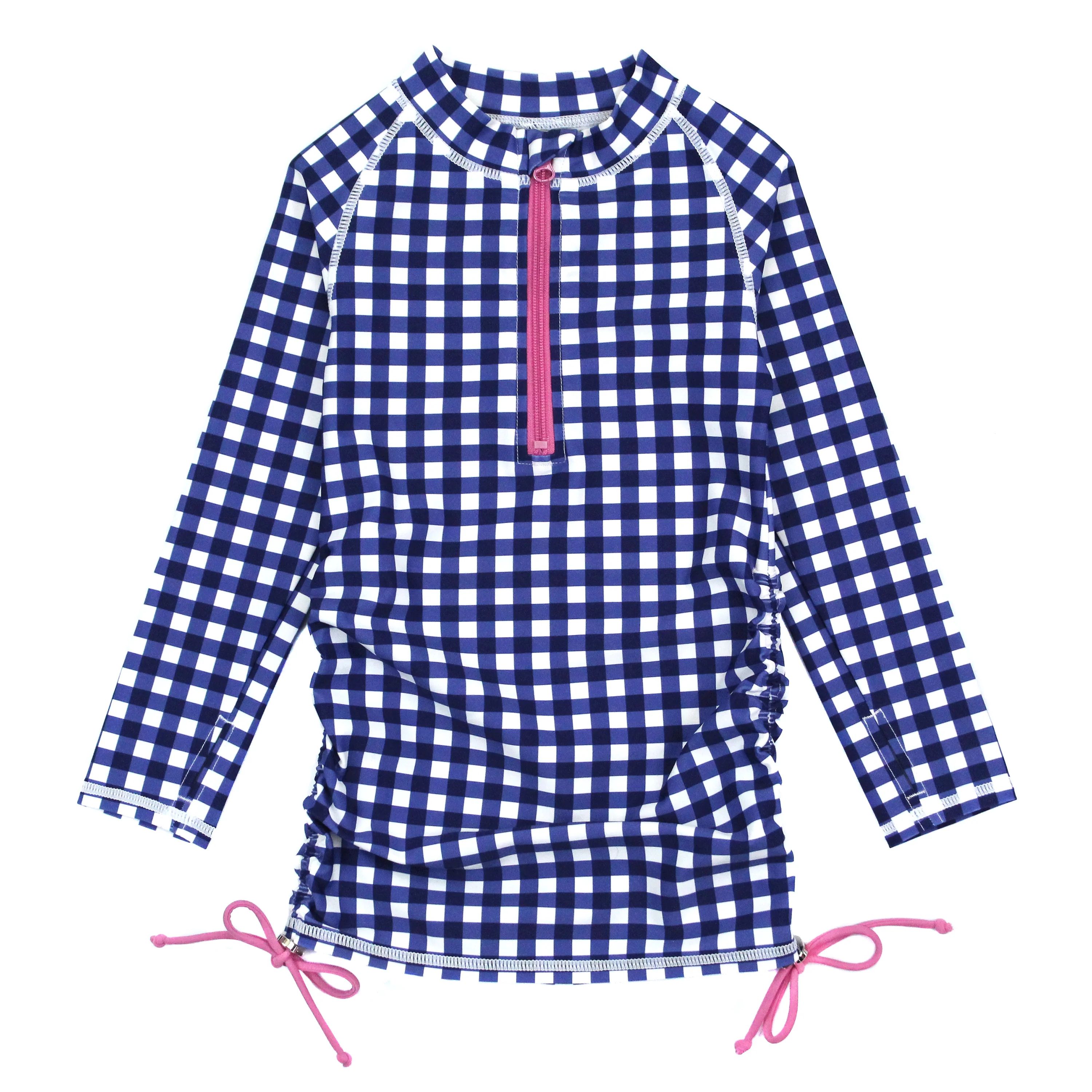 Girls Long Sleeve Swim Dress Cover Up | "Navy Gingham" | SwimZip